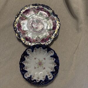 Antique Nippon Hand Painted Roses, Cobalt/Gold Bowl and hand painted plate